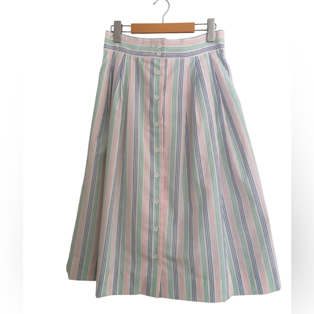 Vintage Seersucker Striped Button Up Midi Skirt with Pockets